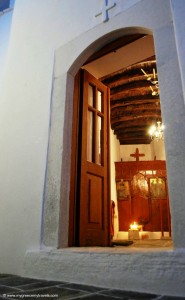 An open door of a church.